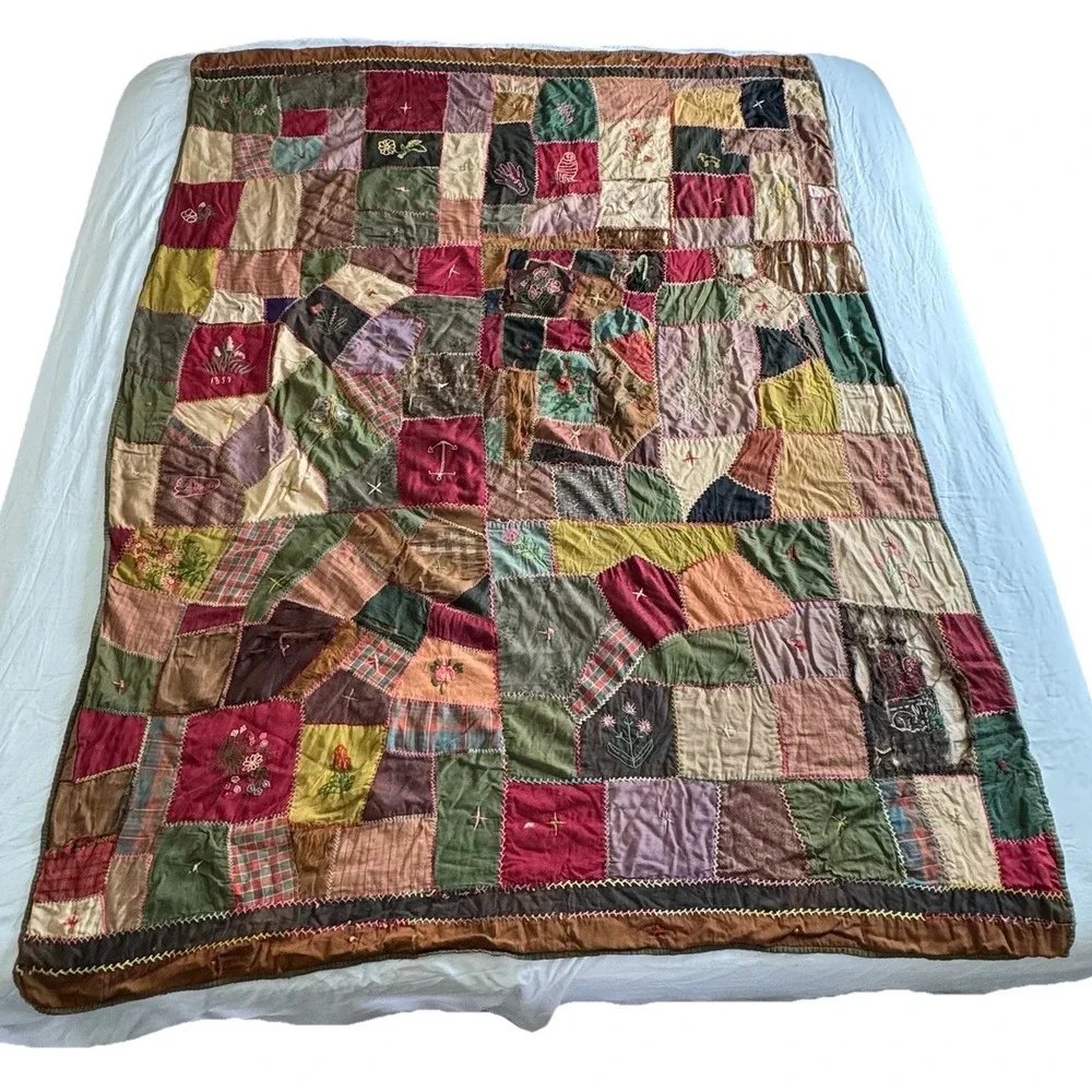 Antique‎ 1890s Tattered Crazy Quilt Hand Pieced Embroidered 60
